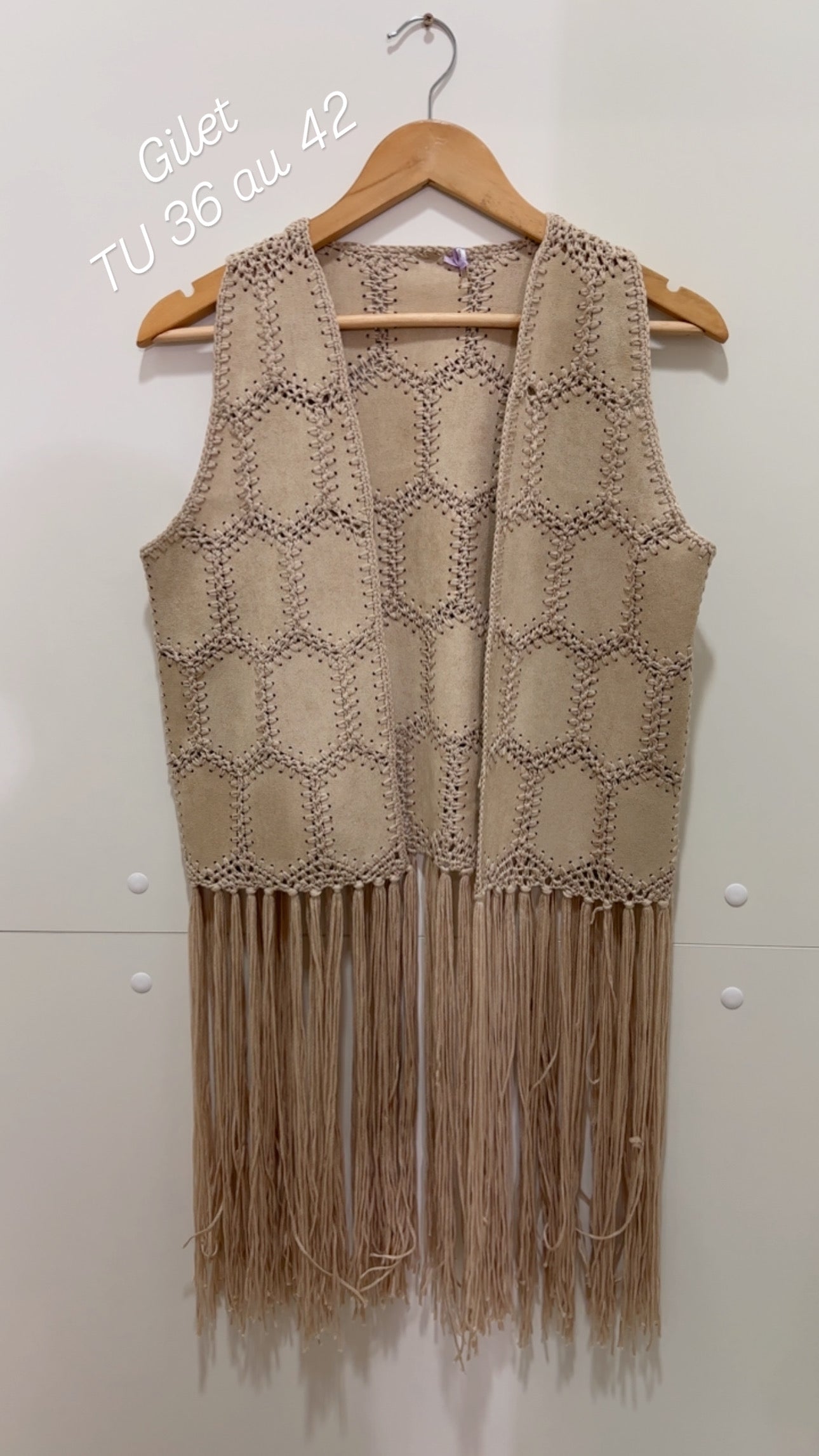 Gilet sans manches suédine franges Beige