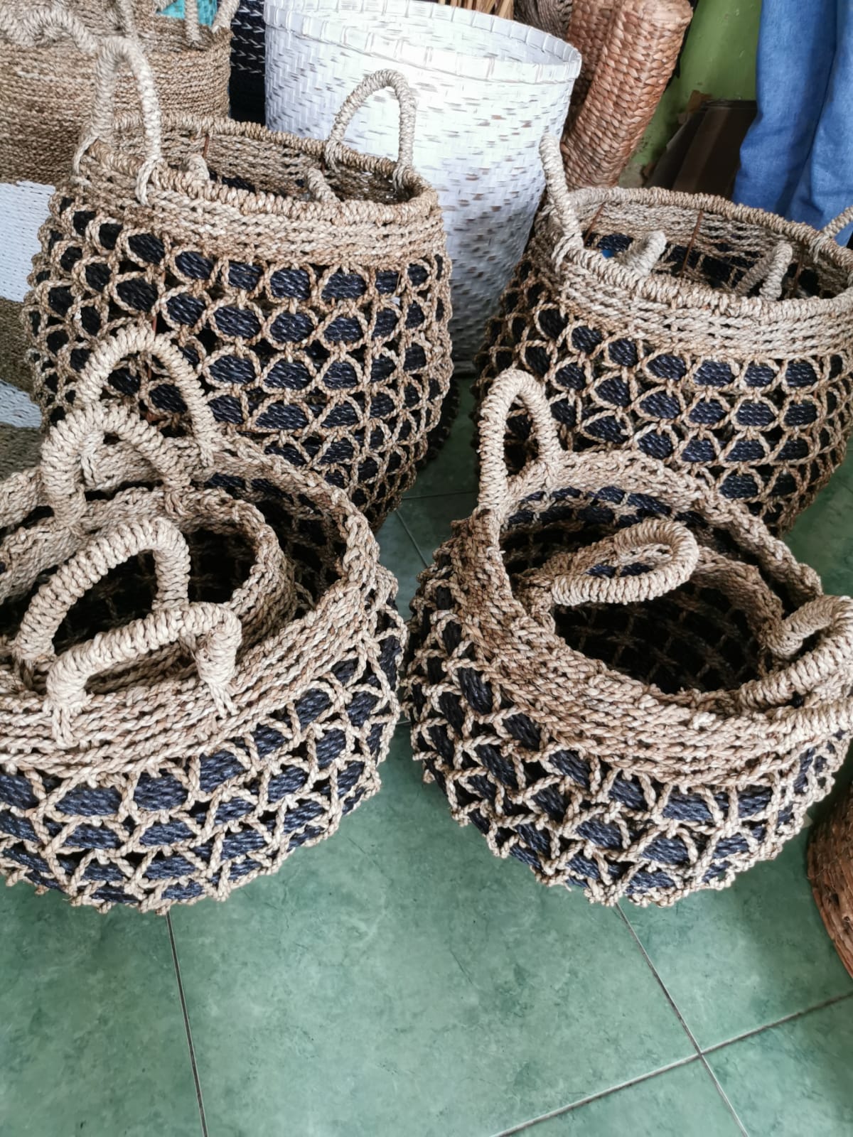 Panier corde & rotin Noir