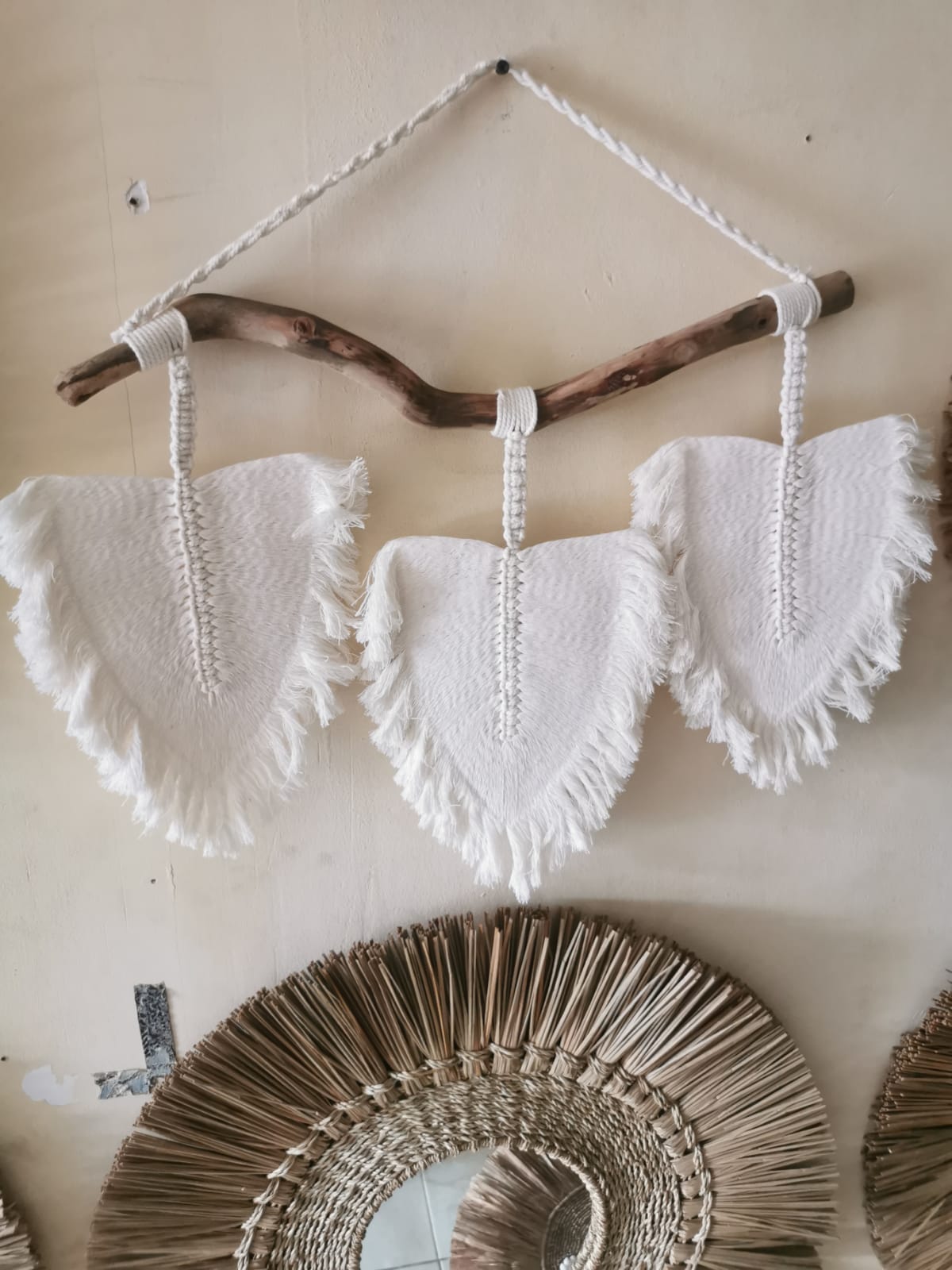 Suspension bois flotté feuille coton