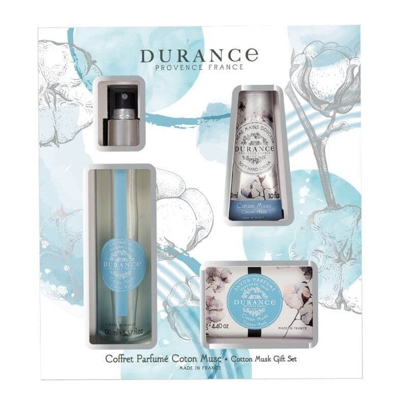 Coffret Parfumé Coton Musc Eau fraîche 100 mL, Savon 125 gr, Crème mains 30 mL