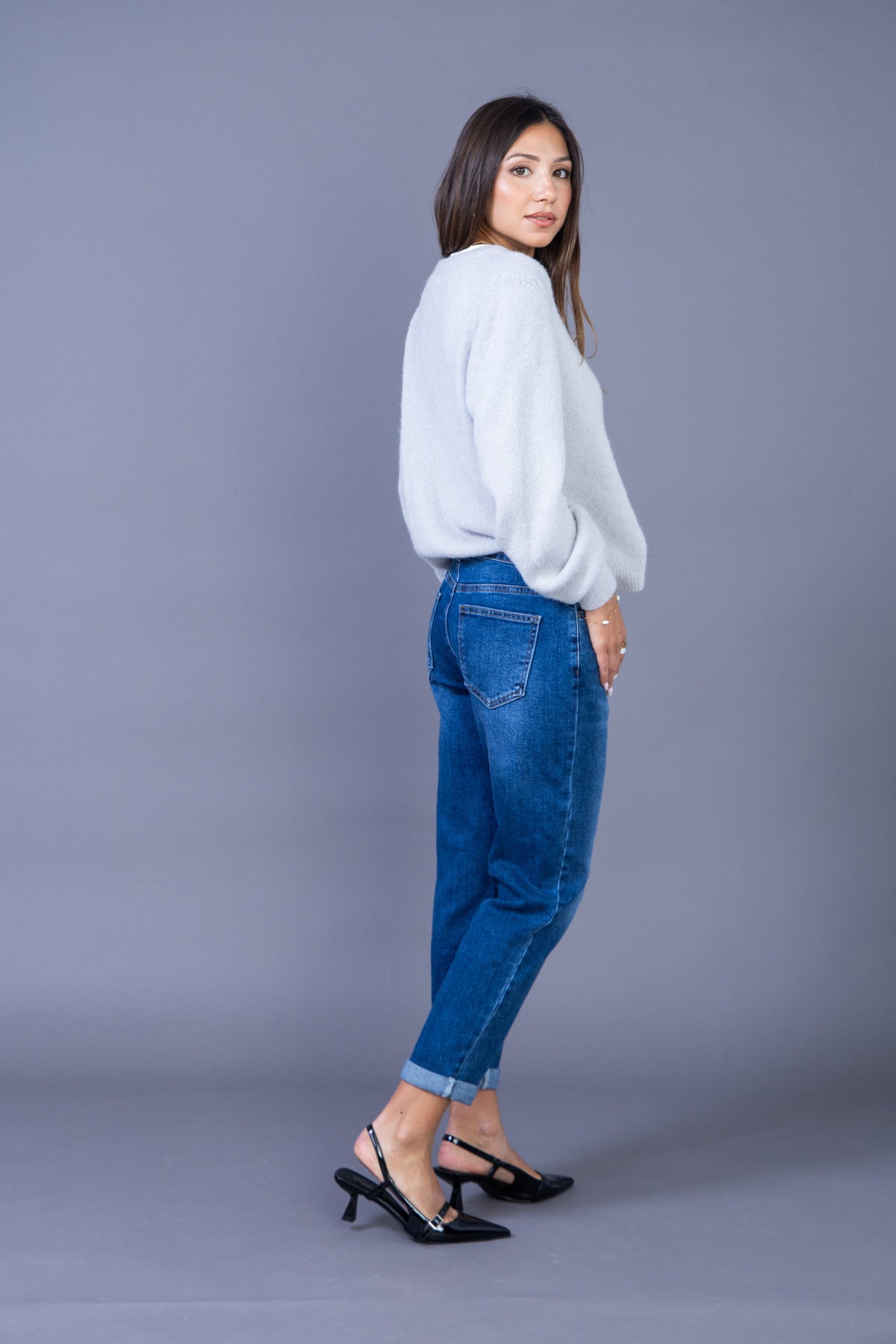 Jean mom taille haute coupe mom ourlet a revers stretch Denim