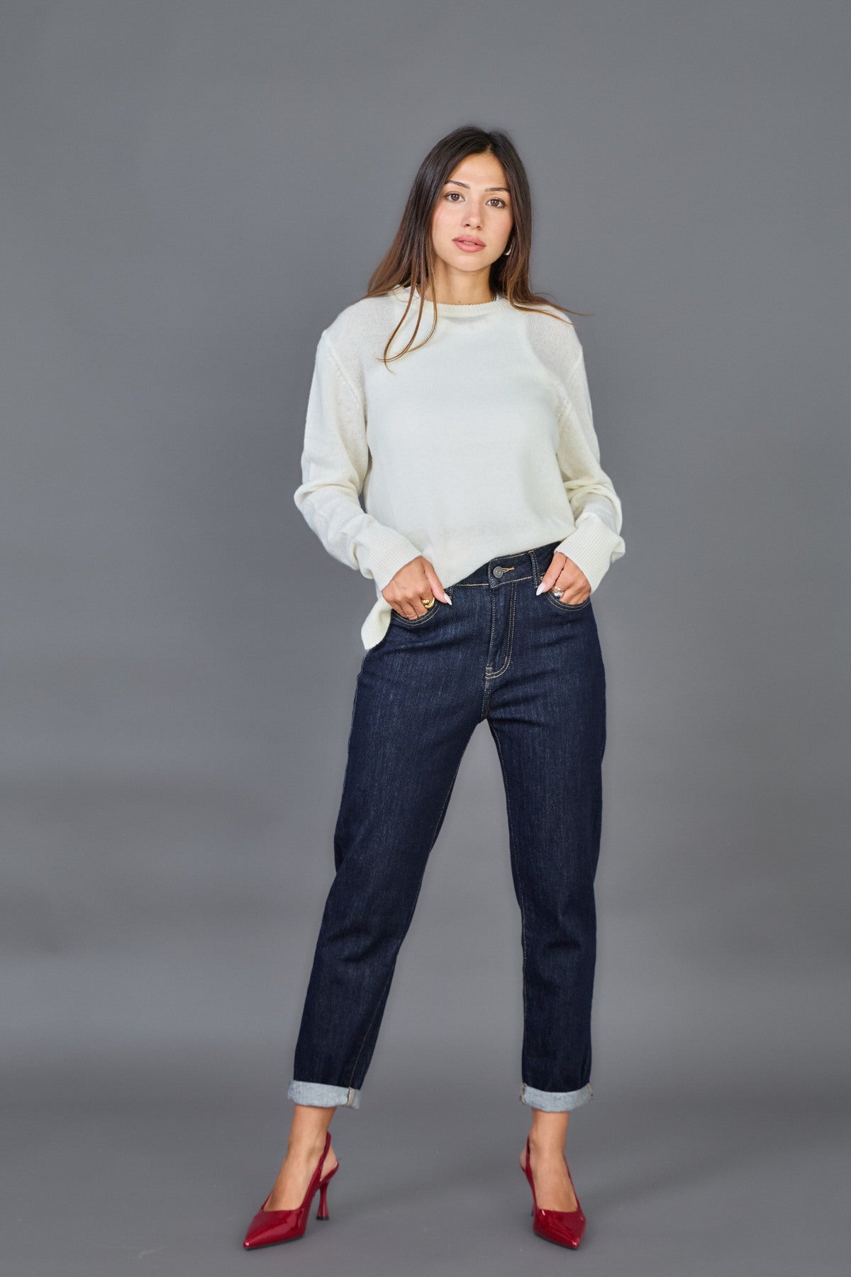 Jean mom taille haute coupe mom ourlet a revers stretch Marine