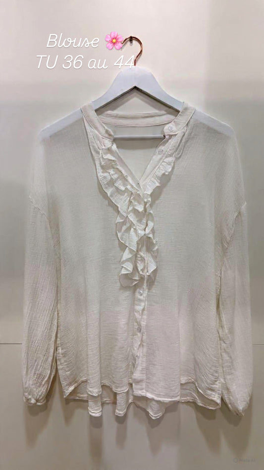 Blouse volant voile de coton  Blanc