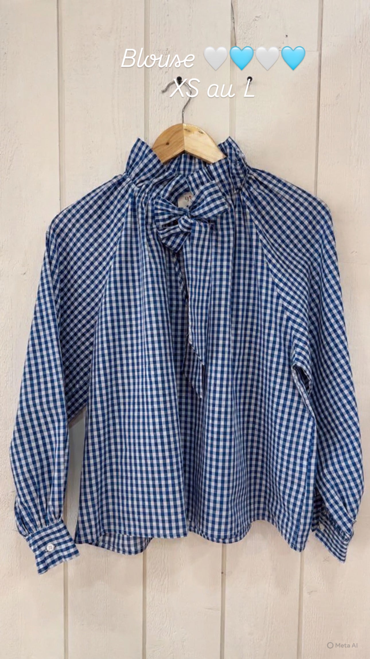 Blouse col plissé motif Vichy Marine