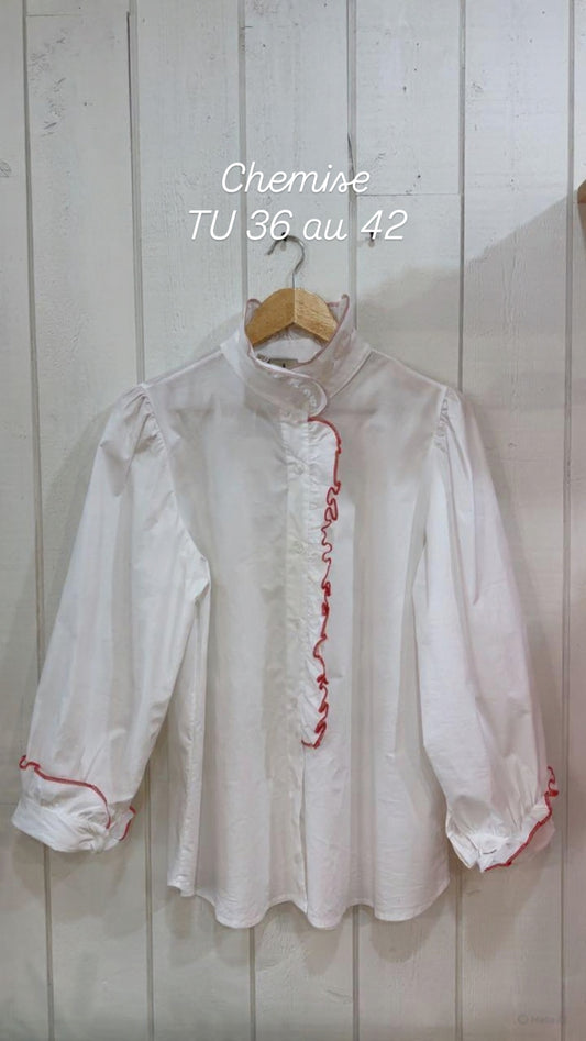 Chemise volant devant liseret rouge Blanc