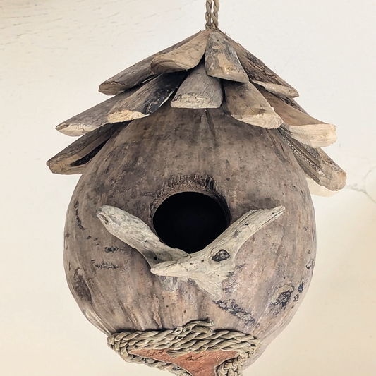 Nichoir en noix de coco décor Bois flotté