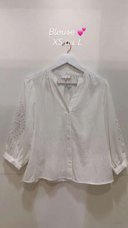 Chemise manche broderie ajourée col Blanc