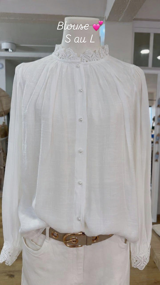 Chemise col dentelle bouton nacre Blanc