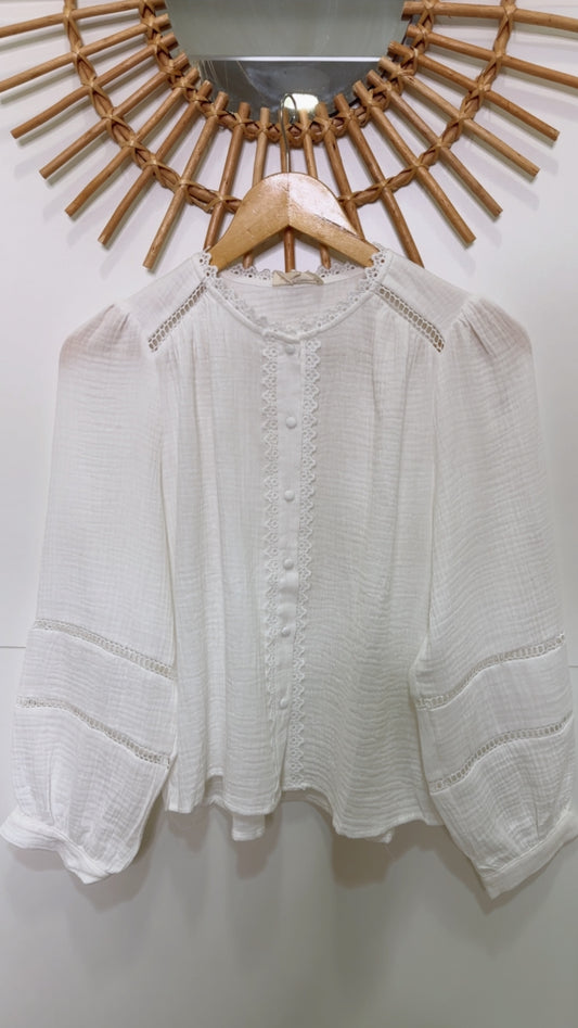 Chemise gaz de coton ajouré dentelle Blanc