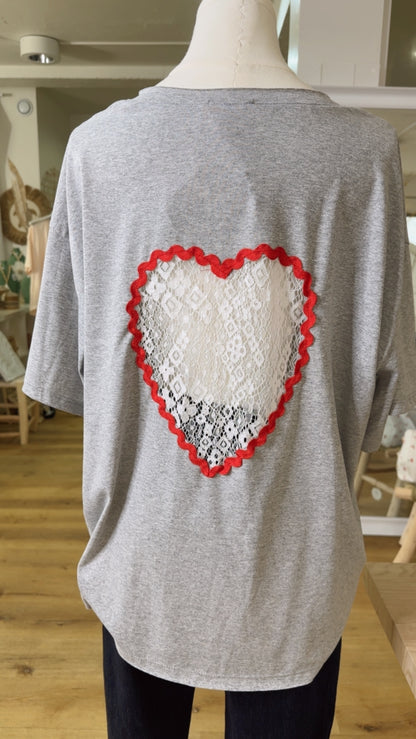 T-shirt coeur dentelle Gris