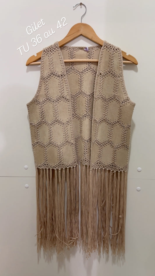 Gilet sans manches suédine franges Beige