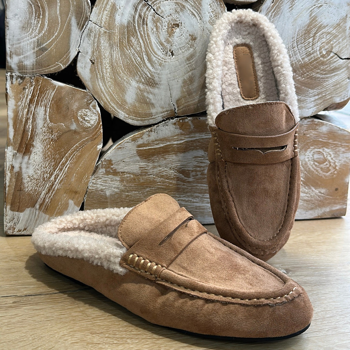 Mules mocassins fourrées Camel
