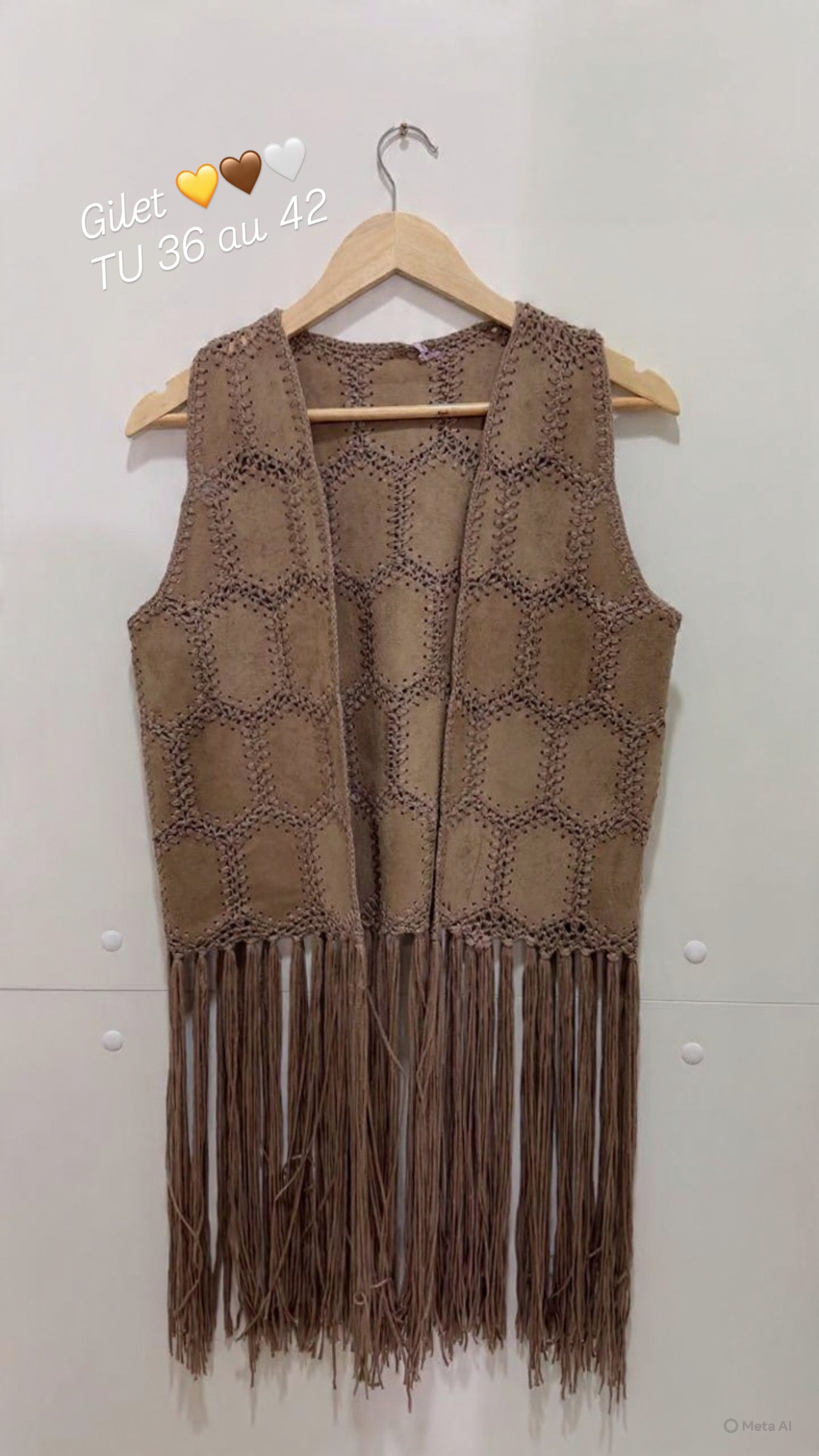 Gilet sans manches suédine franges Camel