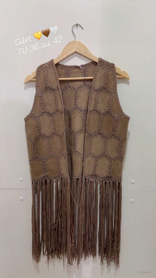 Gilet sans manches suédine franges Camel