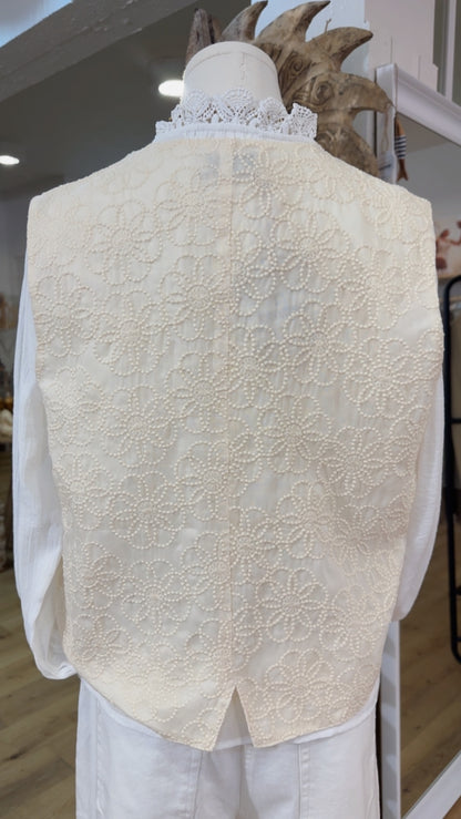 Gilet double face dos broderie fleur beige devant Beige