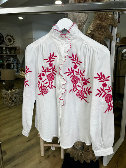 Chemise col nuage motif fleur fushia Blanc