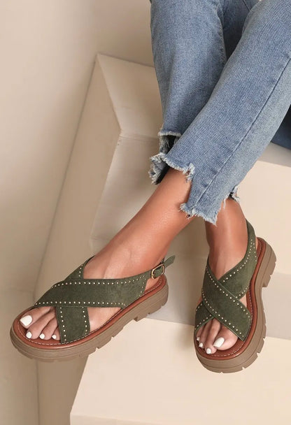 Sandalette plateforme clou doré Kaki