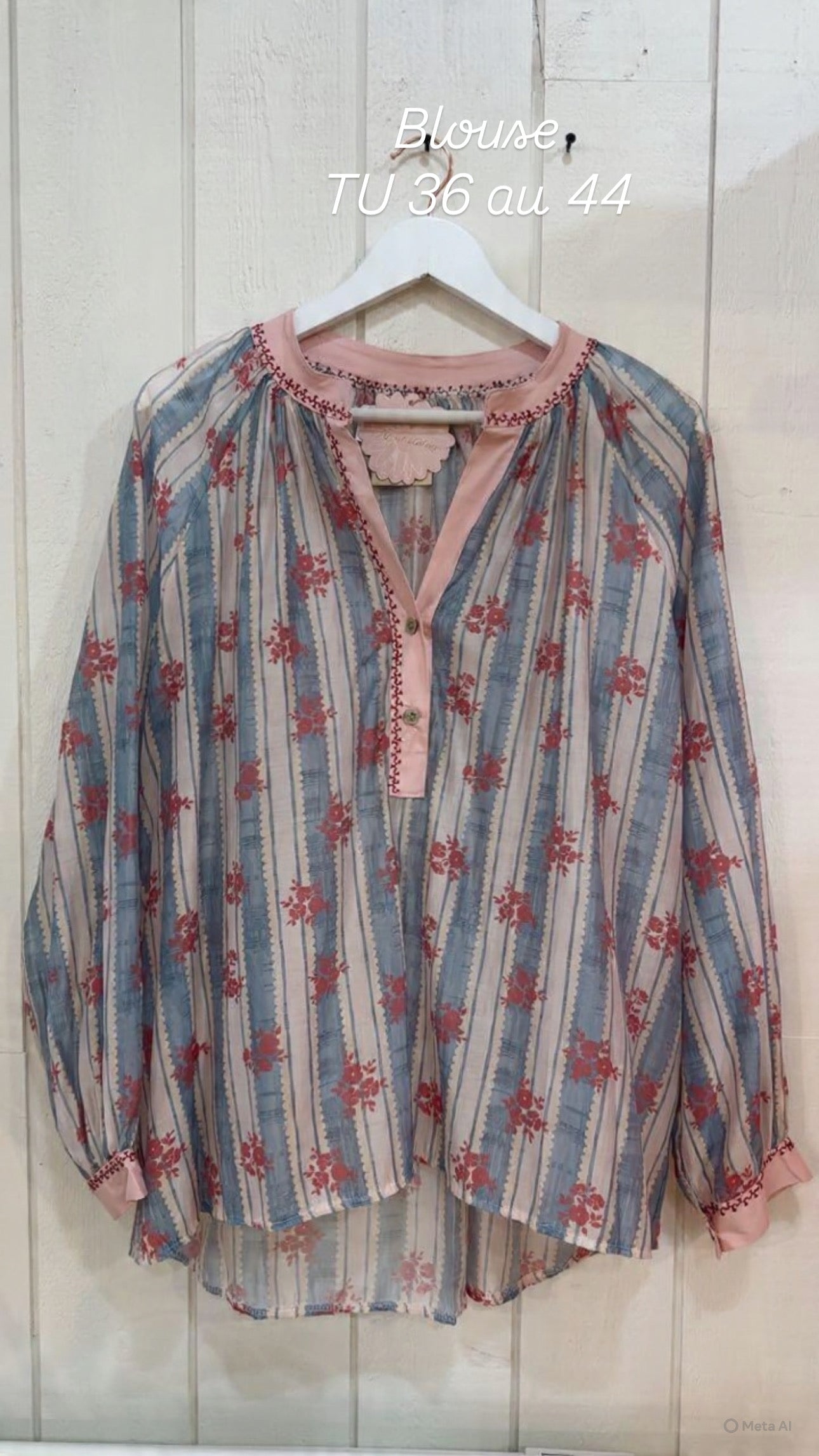 Blouse rayure fleur bordeau Bleu