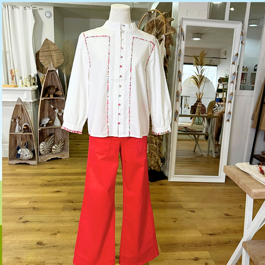 Chemise col mao liseret bouton liberty Blanc