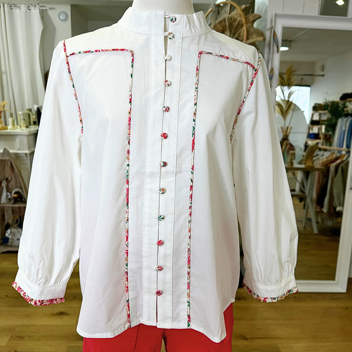 Chemise col mao liseret bouton liberty Blanc