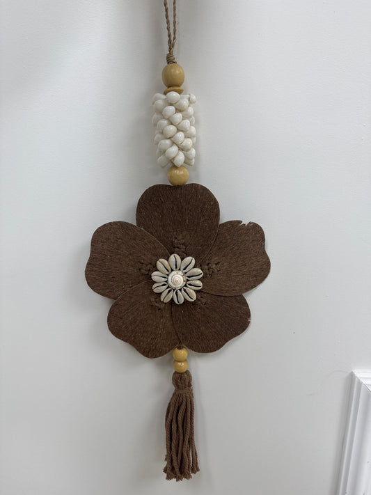 Suspension bois & coquillage  Fleur Marron 50 cm