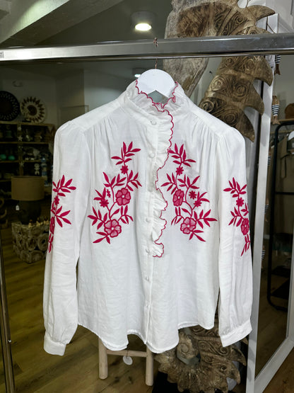 Chemise col nuage motif fleur fushia Blanc