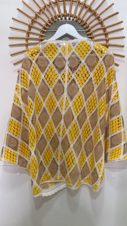 Gilet crochet camel blanc Jaune