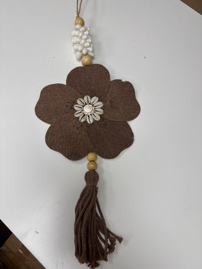 Suspension bois & coquillage  Fleur Marron 50 cm