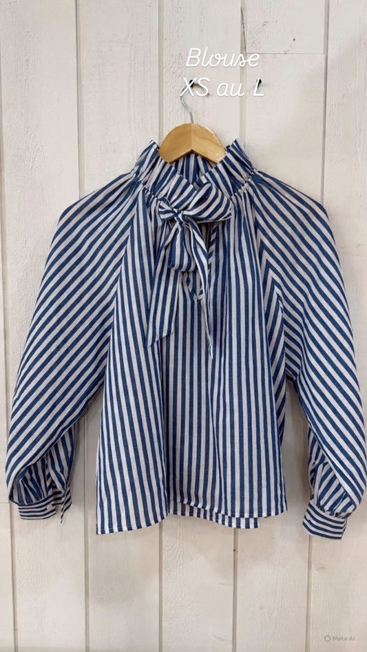 Blouse col plissé motif Rayure Jeans