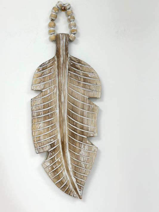 Feuille murale sculptée en bois 35 cm – finition naturelle patinée
