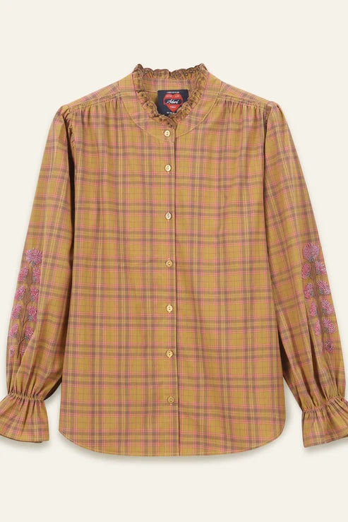 Blouse à manches brodées Kimber Carreaux moutarde et rose