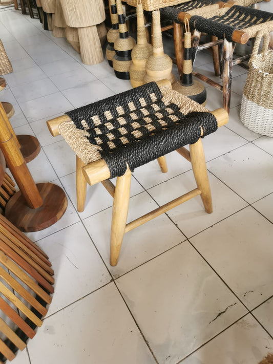 Petit tabouret suar 50 cm corde tressée noir & naturel