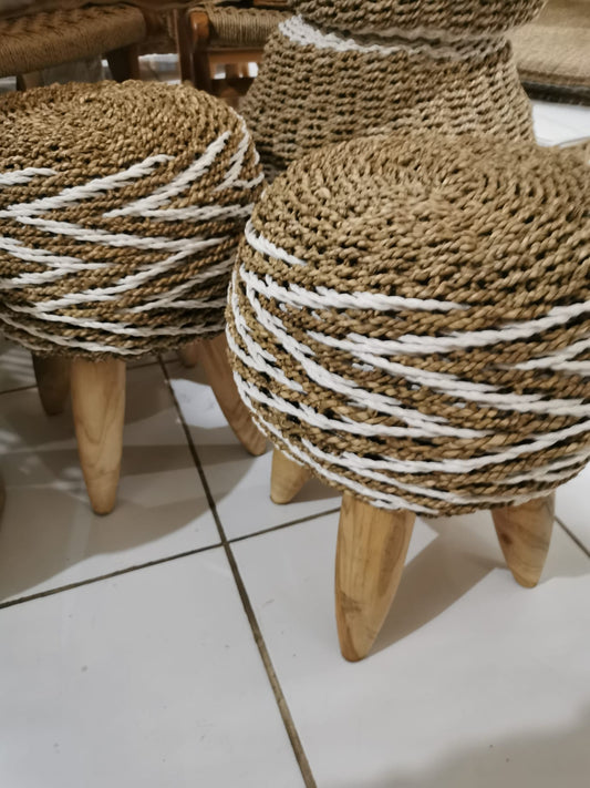 Tabouret pied suar corde tressée petit modèle Naturel et blanc
