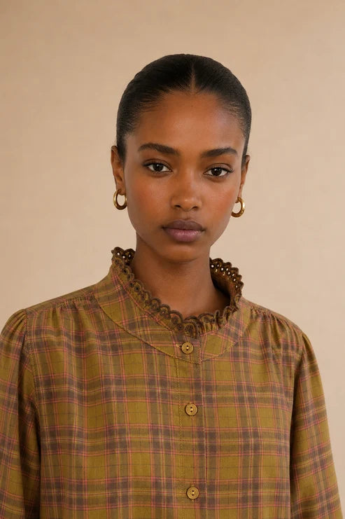 Blouse à manches brodées Kimber Carreaux moutarde et rose