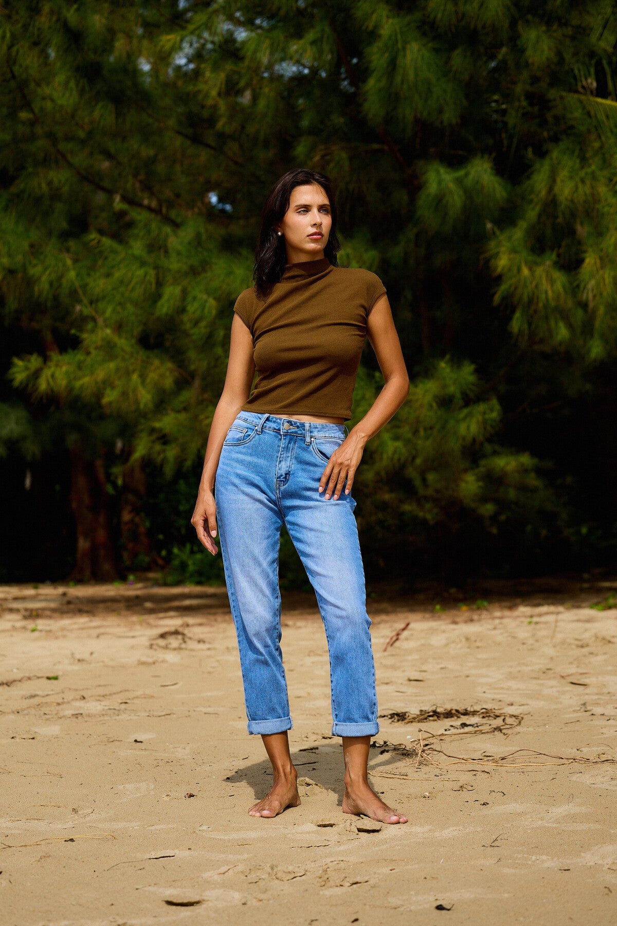 Jean mom taille haute coupe mom ourlet a revers stretch Bleu clair