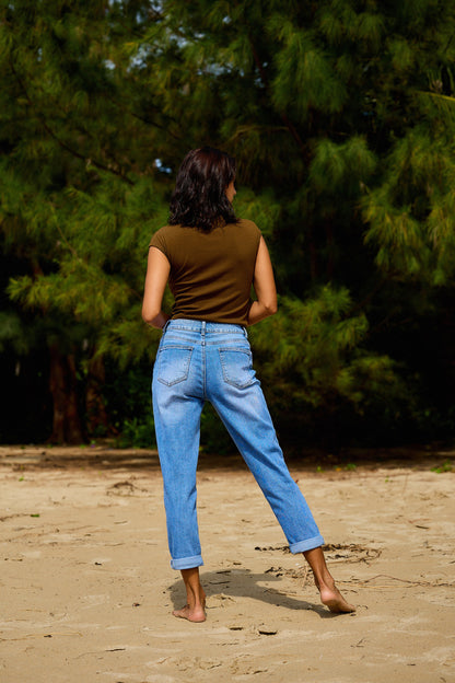 Jean mom taille haute coupe mom ourlet a revers stretch Bleu clair