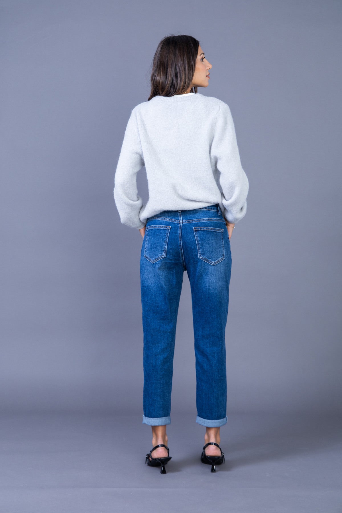 Jean mom taille haute coupe mom ourlet a revers stretch Denim