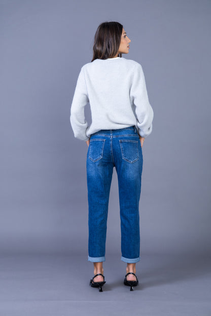 Jean mom taille haute coupe mom ourlet a revers stretch Denim