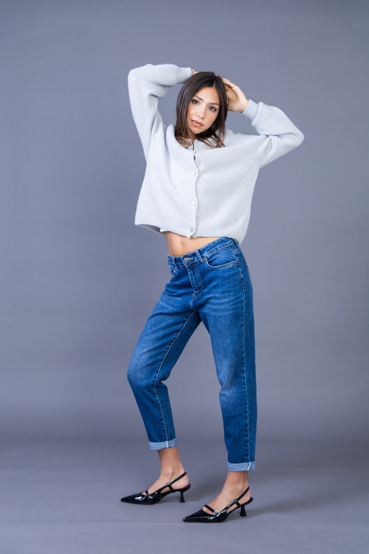 Jean mom taille haute coupe mom ourlet a revers stretch Denim
