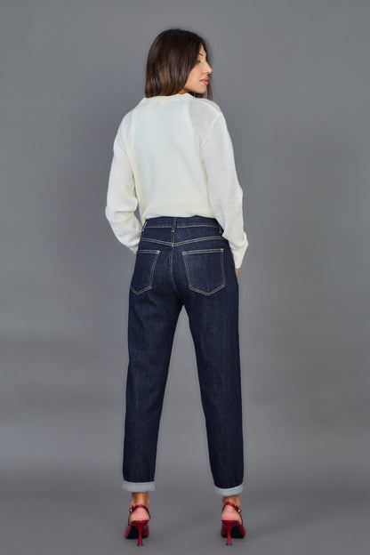 Jean mom taille haute coupe mom ourlet a revers stretch Marine