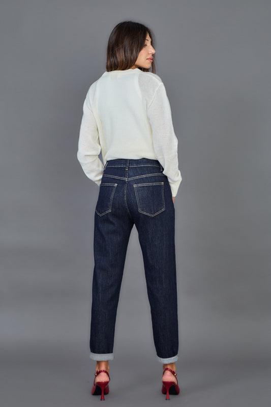Jean mom taille haute coupe mom ourlet a revers stretch Marine