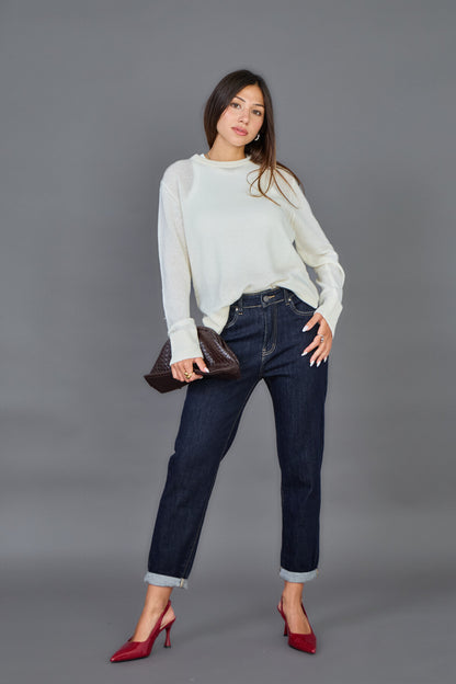 Jean mom taille haute coupe mom ourlet a revers stretch Marine