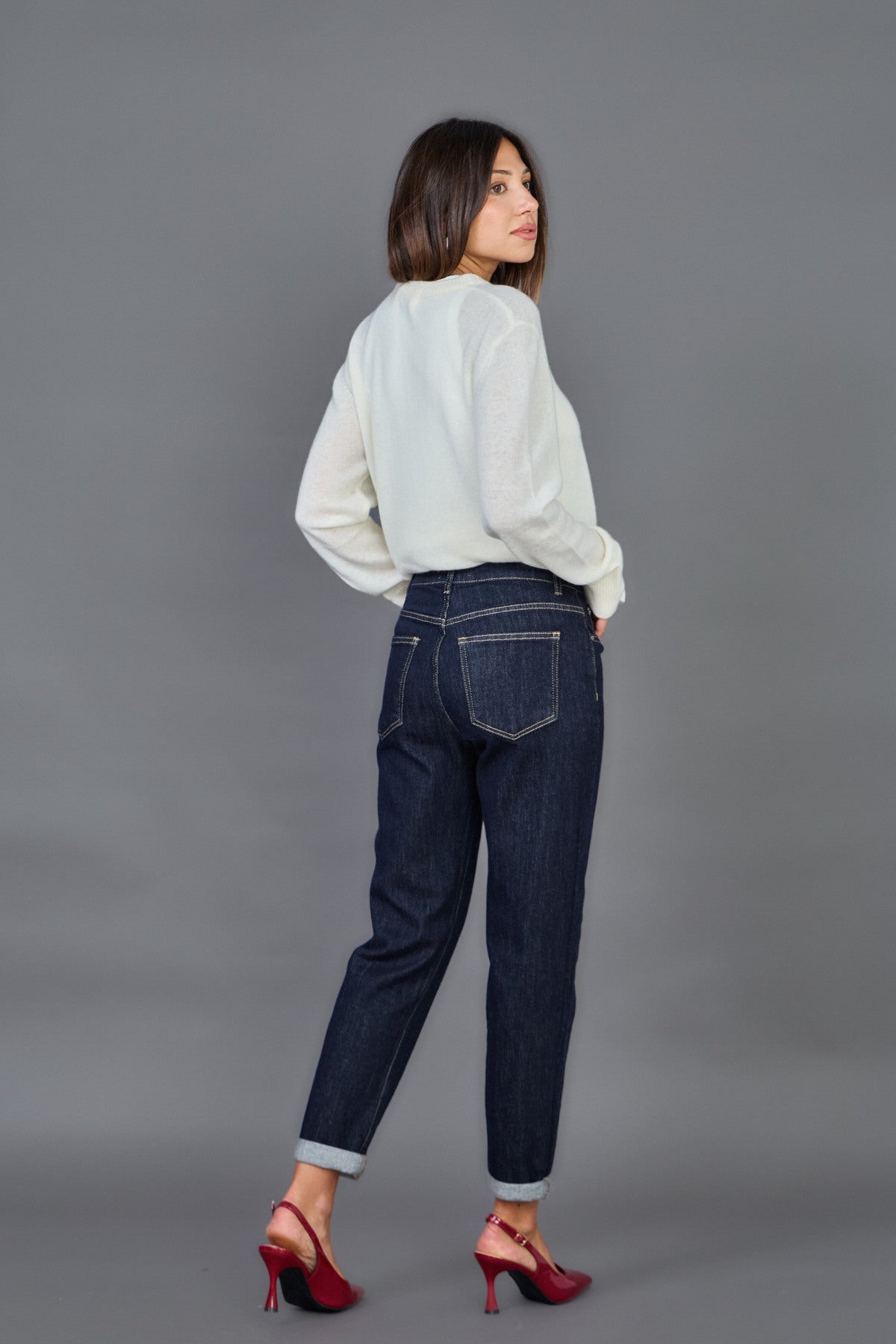 Jean mom taille haute coupe mom ourlet a revers stretch Marine