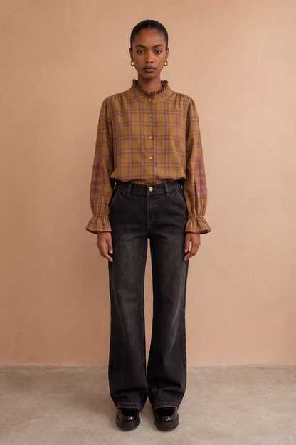 Blouse à manches brodées Kimber Carreaux moutarde et rose