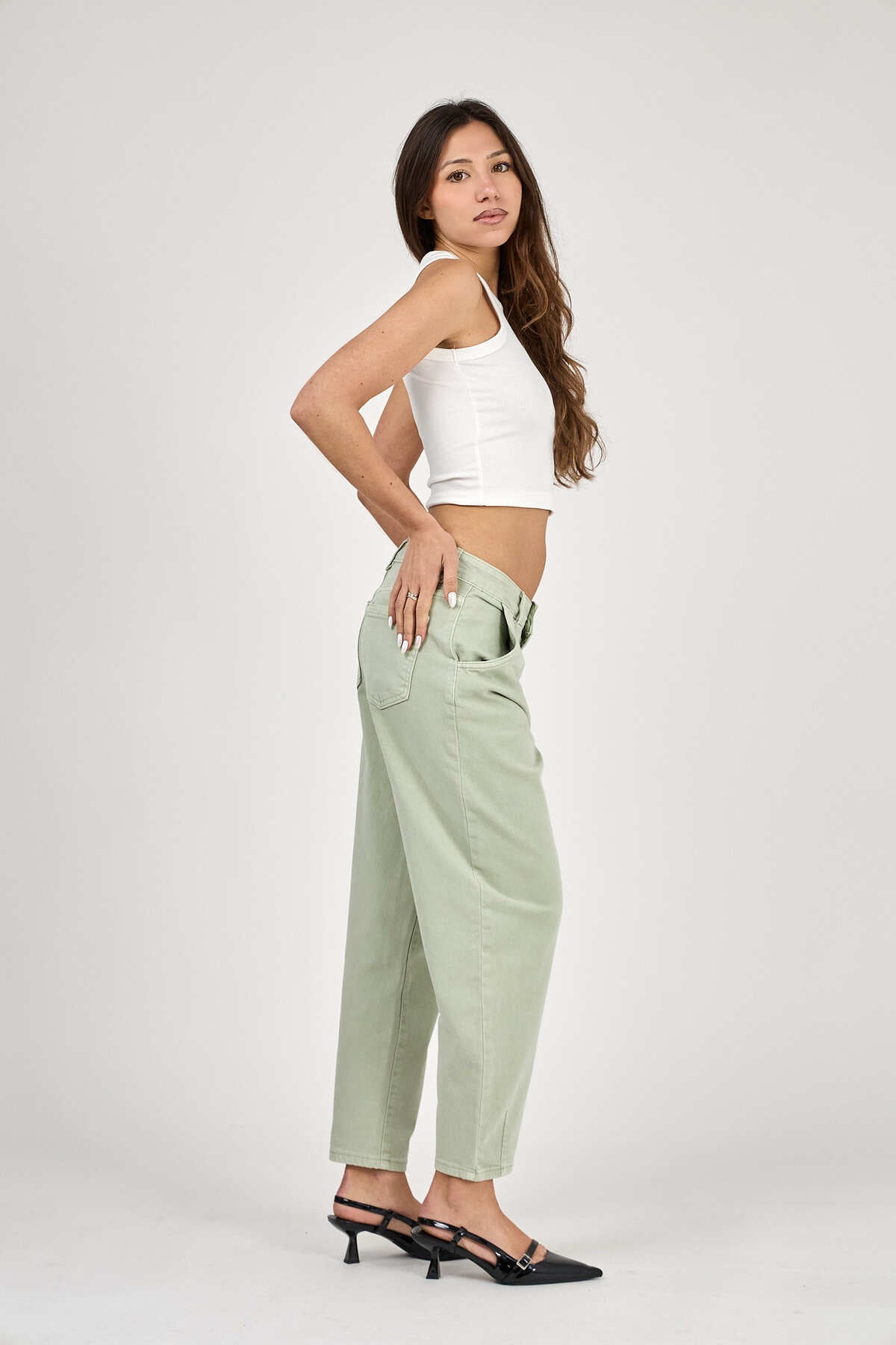Pantalon balloon taille haute jambe large Vert clair