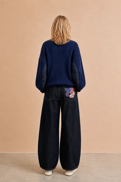 Pantalon jeans large à poche brodée Rena Denim noir
