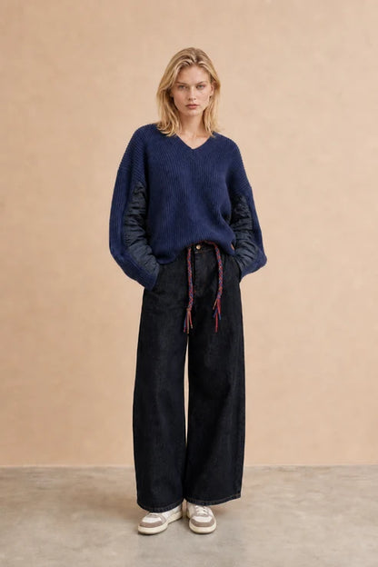Pantalon jeans large à poche brodée Rena Denim noir