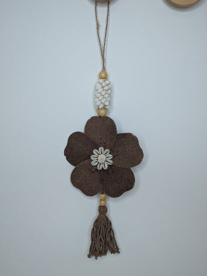 Suspension bois & coquillage  Fleur Marron 50 cm
