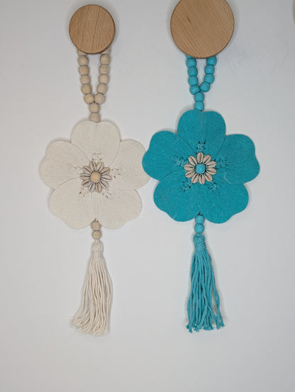 Suspension bois  Fleur Turquoise 50 cm