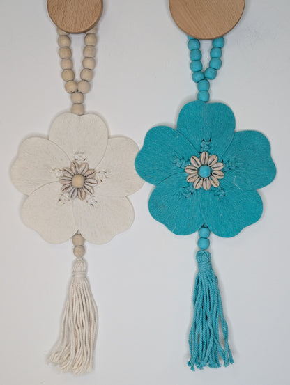 Suspension bois  Fleur Turquoise 50 cm